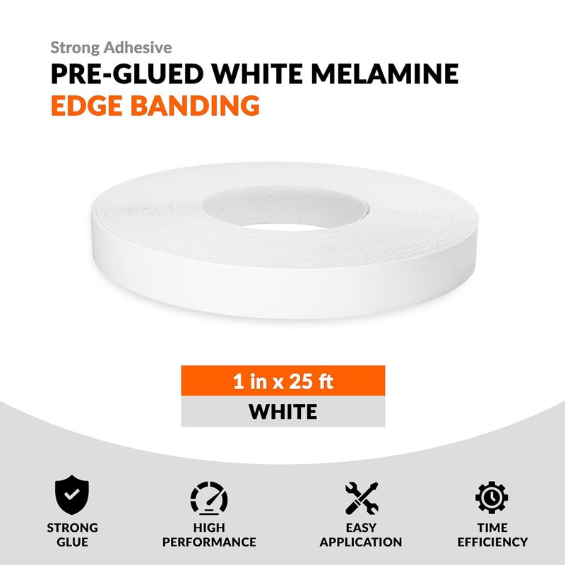 LEAFLEX White Edge Banding 1 inch x 25 ft Melamine Iron On Adhesive Edging Cabinet Repair Laminate Shelf Board Countertop Furniture Strip Wood Veneer Tape Trim Peel Stick Cabinet Molding Vinyl PVC Iron - Image 2